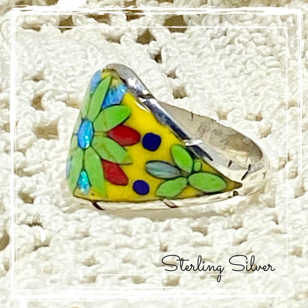 Signed-SM, Sterling Silver Multi Colored Flower Inlaid Gemstone Ring Size 9 - Picture 5 of 8